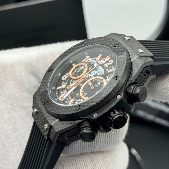 Hublot Big Bang Skeleton Chronograph – Full Black Carbon | Rose Gold Accents & Rubber Strap