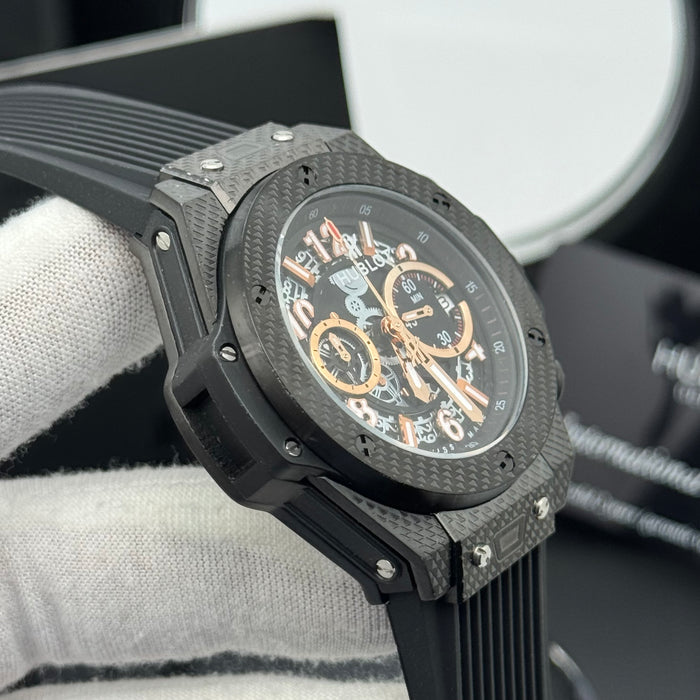 Hublot Big Bang Skeleton Chronograph – Full Black Carbon | Rose Gold Accents & Rubber Strap