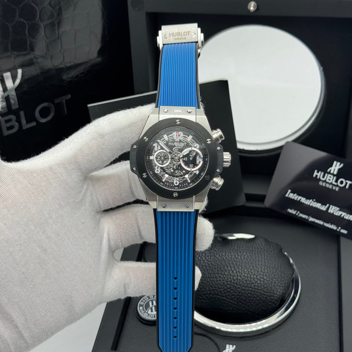 Hublot Big Bang Skeleton Chronograph – Steel Case | Blue Rubber Strap & Black Bezel