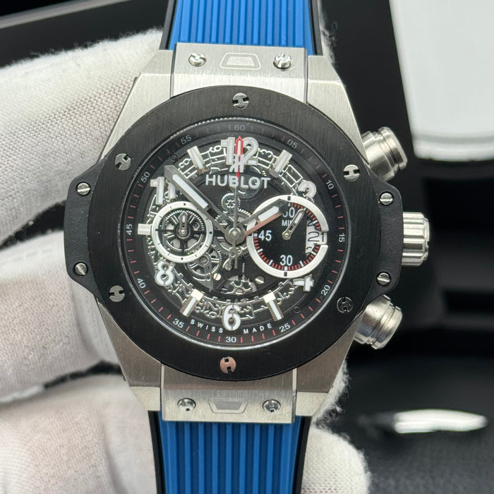Hublot Big Bang Skeleton Chronograph – Steel Case | Blue Rubber Strap & Black Bezel