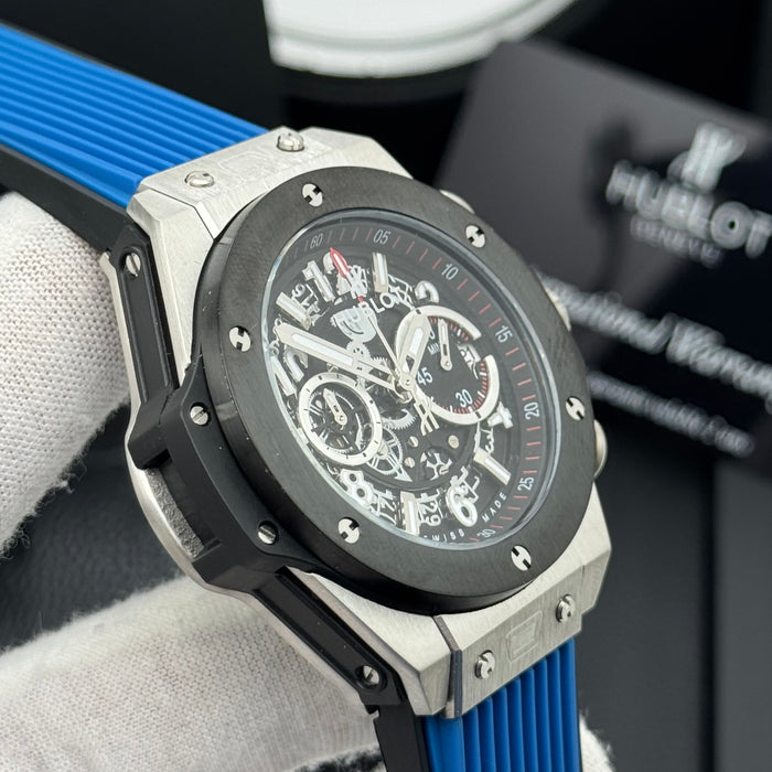 Hublot Big Bang Skeleton Chronograph – Steel Case | Blue Rubber Strap & Black Bezel