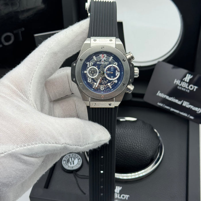 Hublot Big Bang Skeleton Chronograph – Steel Case | Blue Skeleton Dial & Black Rubber Strap