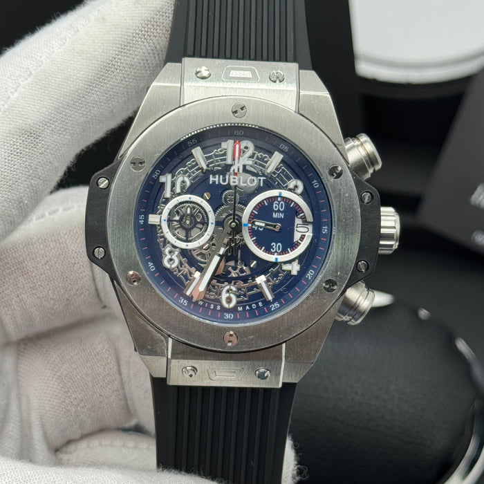Hublot Big Bang Skeleton Chronograph – Steel Case | Blue Skeleton Dial & Black Rubber Strap