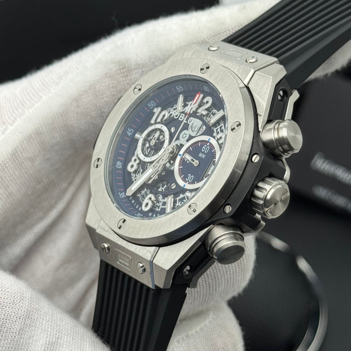 Hublot Big Bang Skeleton Chronograph – Steel Case | Blue Skeleton Dial & Black Rubber Strap