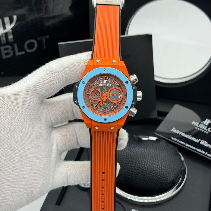 Hublot Big Bang Skeleton Chronograph – Orange Case | Blue Bezel & Rubber Strap