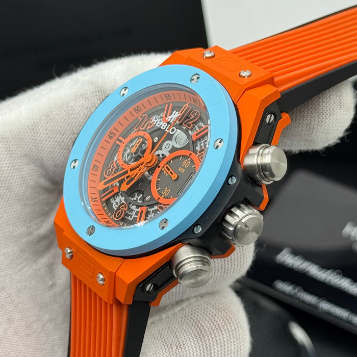 Hublot Big Bang Skeleton Chronograph – Orange Case | Blue Bezel & Rubber Strap