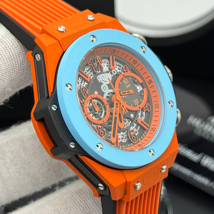 Hublot Big Bang Skeleton Chronograph – Orange Case | Blue Bezel & Rubber Strap