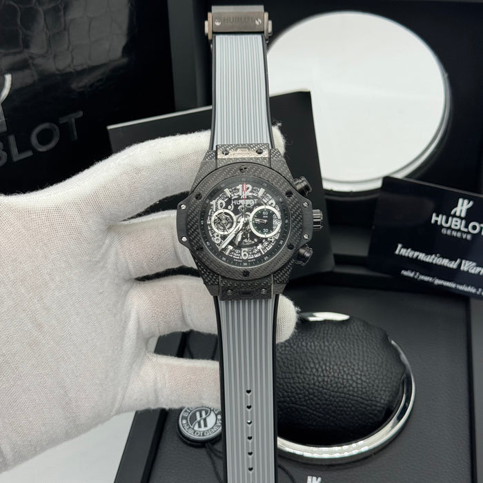 Hublot Big Bang Skeleton Chronograph – Black Textured Case | Green Accents & Grey Rubber Strap