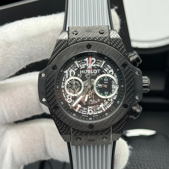 Hublot Big Bang Skeleton Chronograph – Black Textured Case | Green Accents & Grey Rubber Strap