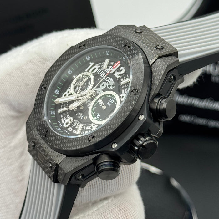 Hublot Big Bang Skeleton Chronograph – Black Textured Case | Green Accents & Grey Rubber Strap