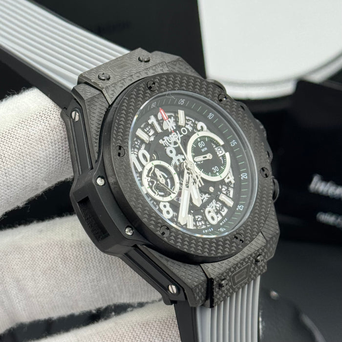 Hublot Big Bang Skeleton Chronograph – Black Textured Case | Green Accents & Grey Rubber Strap