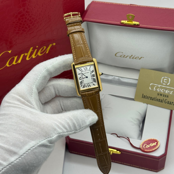 Cartier Classic Roma Gold Heritage Rectangular Roman Dial Leather Watch