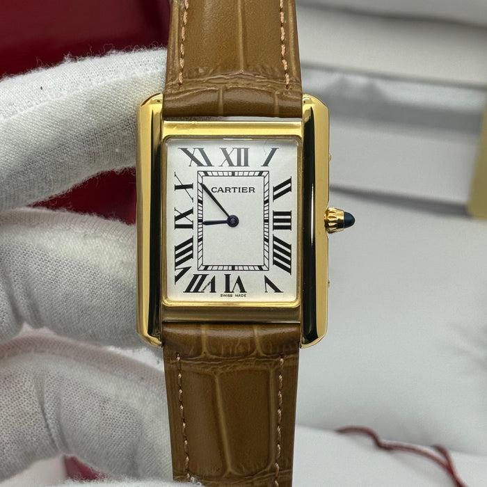 Cartier Classic Roma Gold Heritage Rectangular Roman Dial Leather Watch