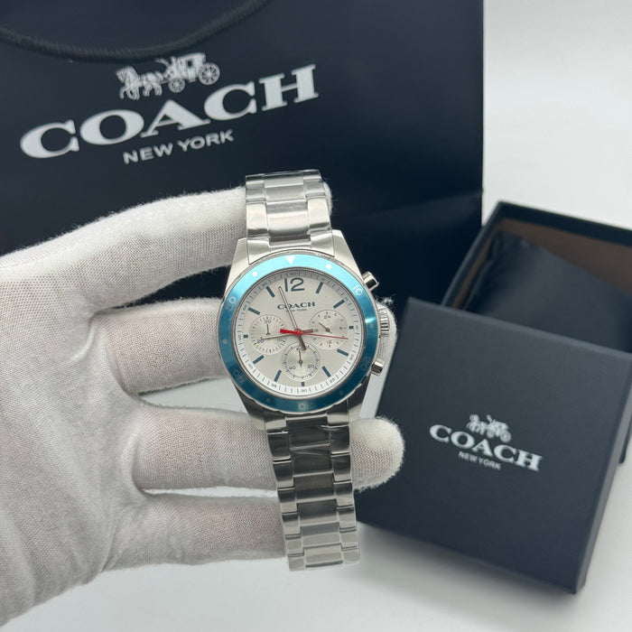 Coach Delancey Sport Chronograph Stainless Steel Bracelet Watch with Blue Bezel 14602085 - Authentic