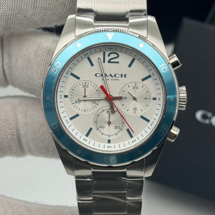 Coach Delancey Sport Chronograph Stainless Steel Bracelet Watch with Blue Bezel 14602085 - Authentic