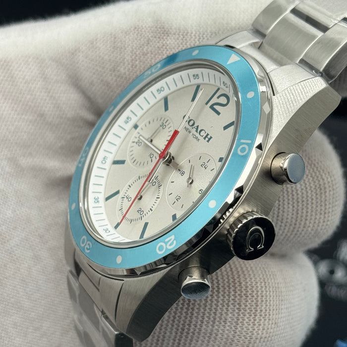 Coach Delancey Sport Chronograph Stainless Steel Bracelet Watch with Blue Bezel 14602085 - Authentic