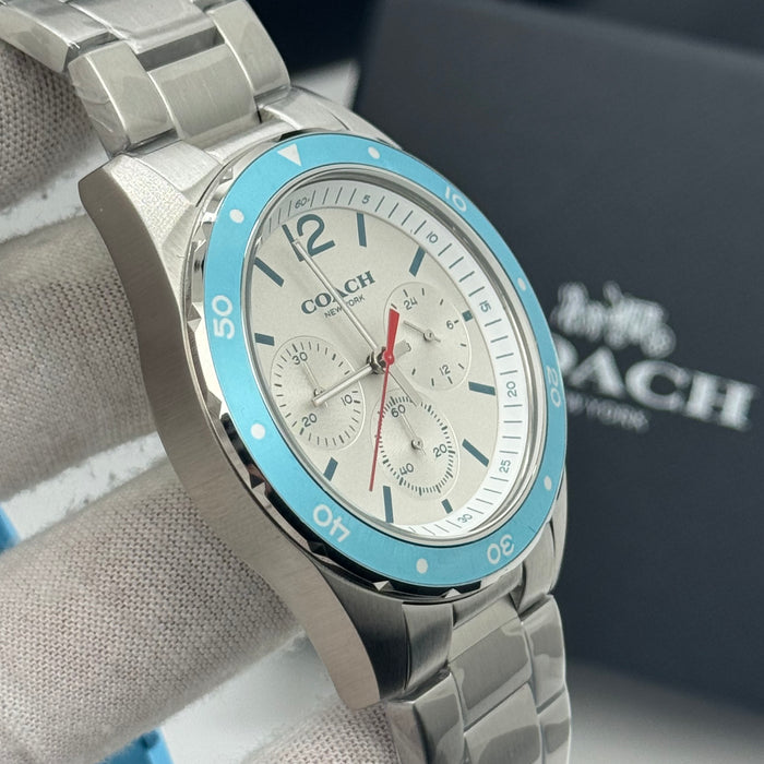 Coach Delancey Sport Chronograph Stainless Steel Bracelet Watch with Blue Bezel 14602085 - Authentic