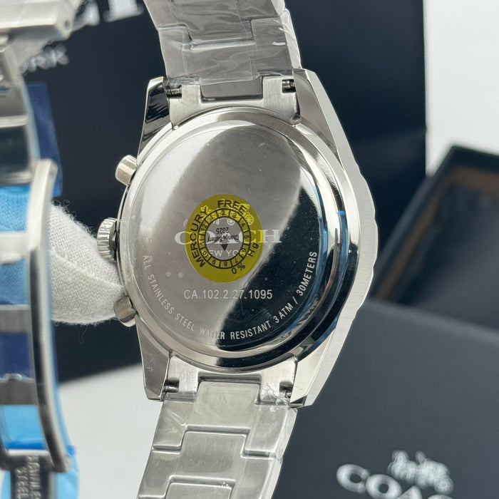 Coach Delancey Sport Chronograph Stainless Steel Bracelet Watch with Blue Bezel 14602085 - Authentic