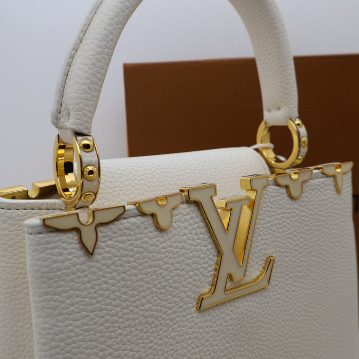 Louis Vuitton Capucines Small Bag in Grained Leather with Gold LV Detail