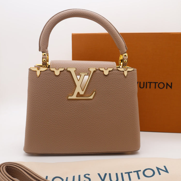 Louis Vuitton Capucines Small Bag in Grained Leather with Gold LV Detail