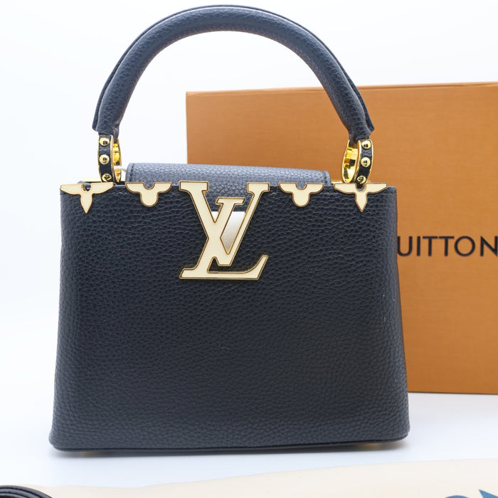 Louis Vuitton Capucines Small Bag in Grained Leather with Gold LV Detail