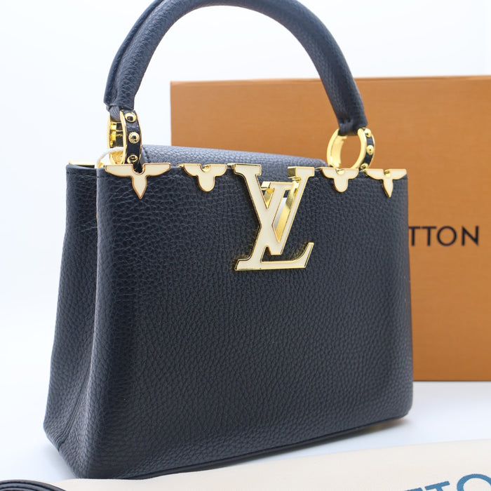 Louis Vuitton Capucines Small Bag in Grained Leather with Gold LV Detail