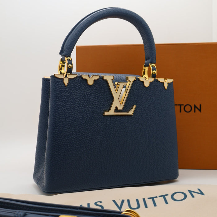 Louis Vuitton Capucines Small Bag in Grained Leather with Gold LV Detail