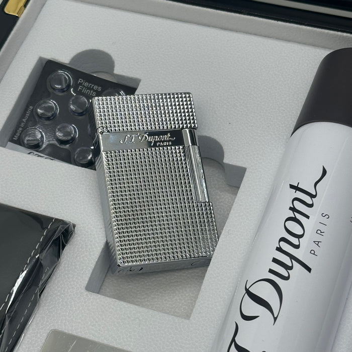 S.T. Dupont Silver Diamond Pattern Lighter – Elegant Luxury Edition (Full Set)