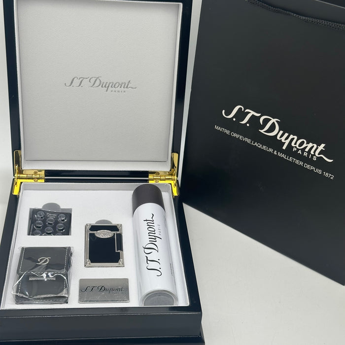 S.T. Dupont Silver & Black Lacquer Lighter – Elegant Classic Edition (Full Set)