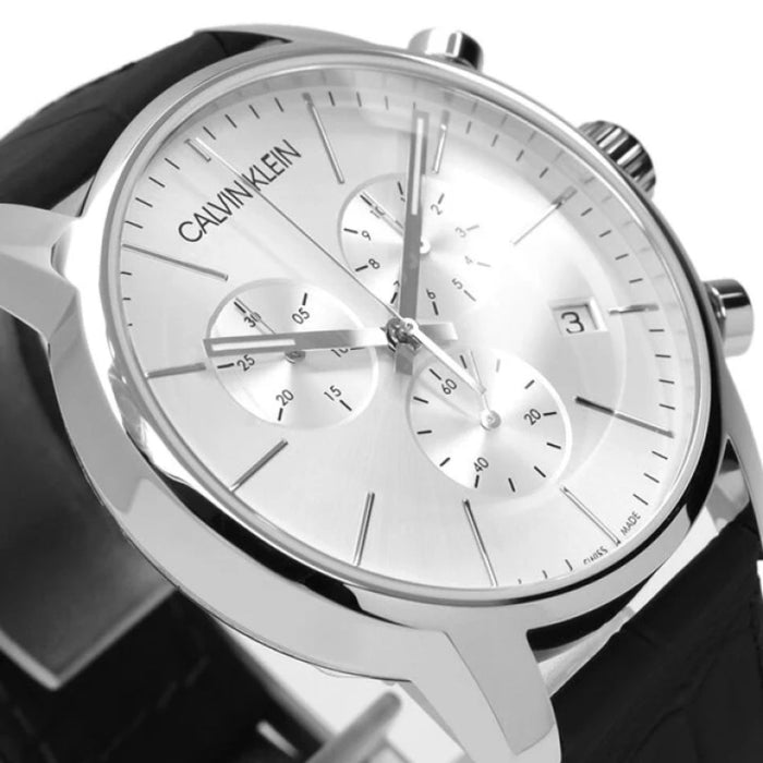Calvin Klein City Chronograph – Silver Dial & Black Leather Strap - K2g271c6 - Authentic