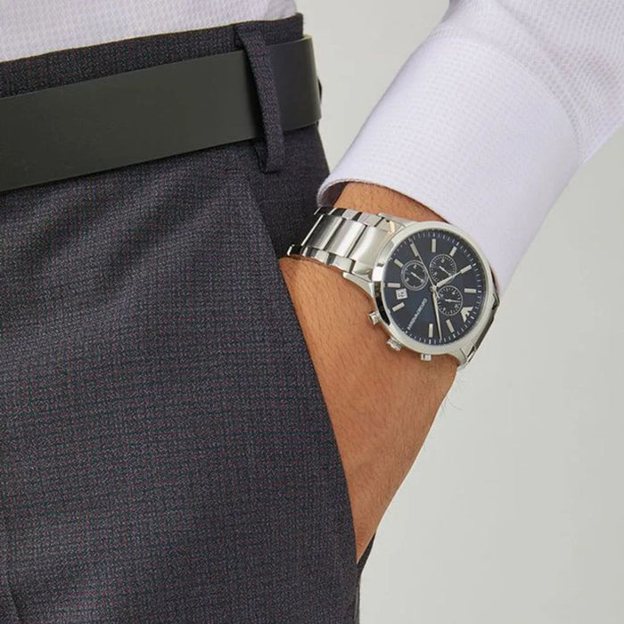 Emporio Armani Blue Dial Silver Stainless Steel Chronograph Watch For Men AR -11164 Authentic