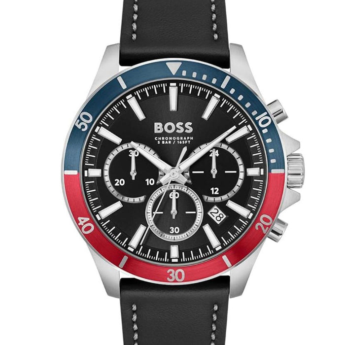 Boss Men's Chronograph Round Dial Quartz Black Leather Watch Authentic 1514099