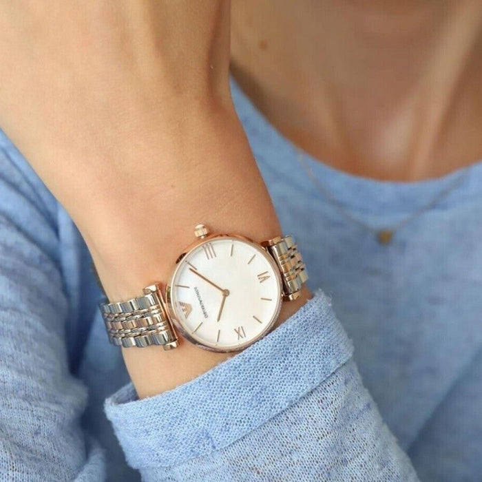 Emporio Armani Gianni T-b Analog Mother of Pearl Dial Women's Watch-AR1683 - Authentic