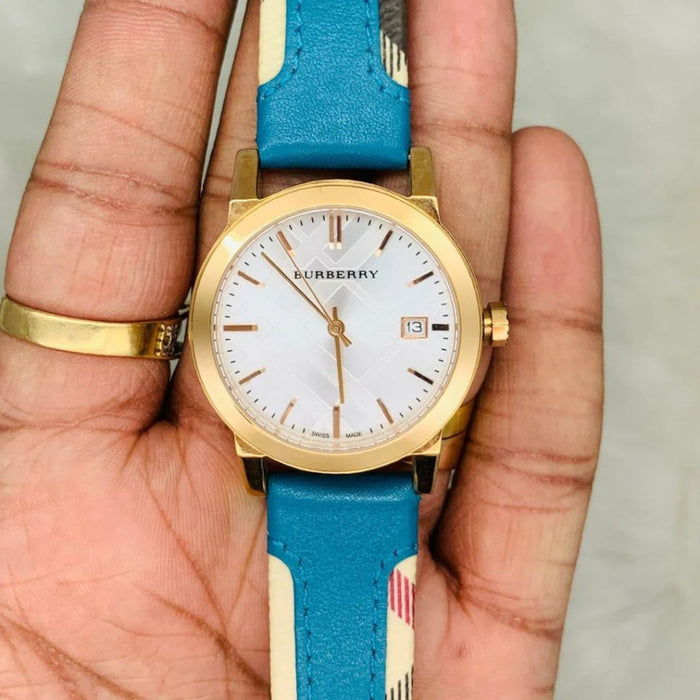 Burberry Gold Case Watch with Teal Leather Strap - Authentic