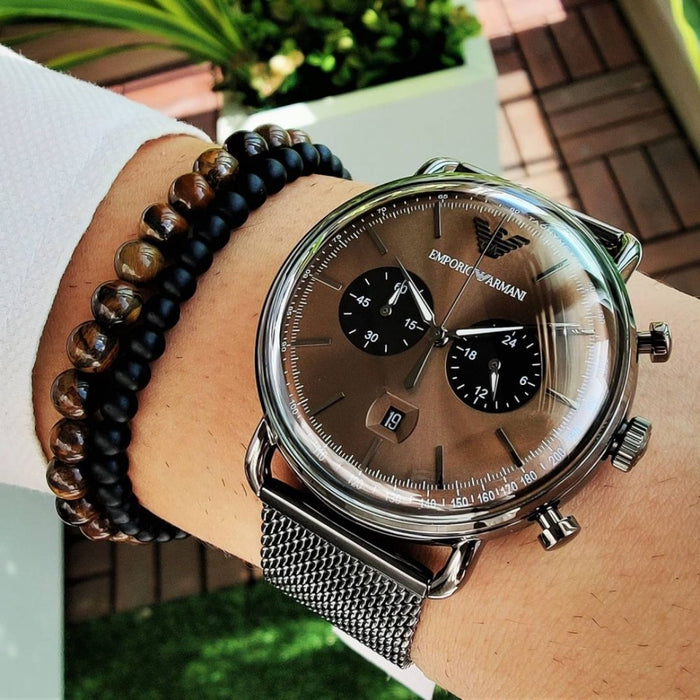 Emporio Armani Aviator Brown Dial Grey Mesh Bracelet Watch For Men Ar11141  Authentic
