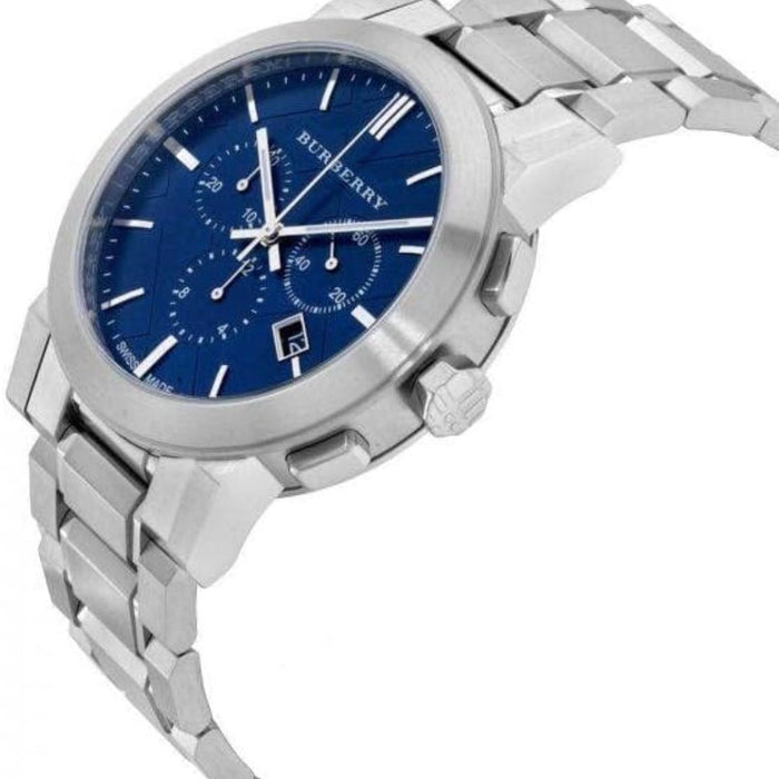 Burberry Men's Silver Chronograph Watch with Blue Dial - BU9363 - Authentic