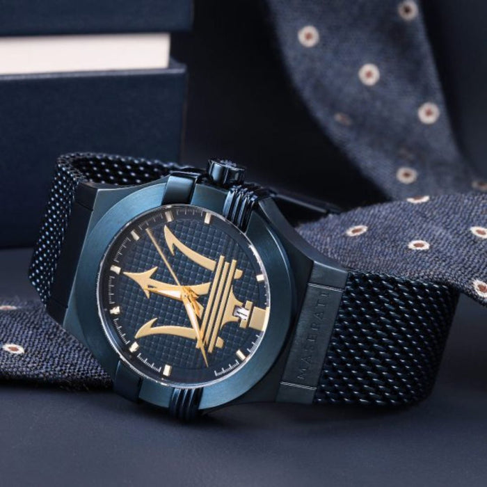 Maserati Men's Blue Mesh Watch with Gold Trident Dial - R8853108008 - Authentic