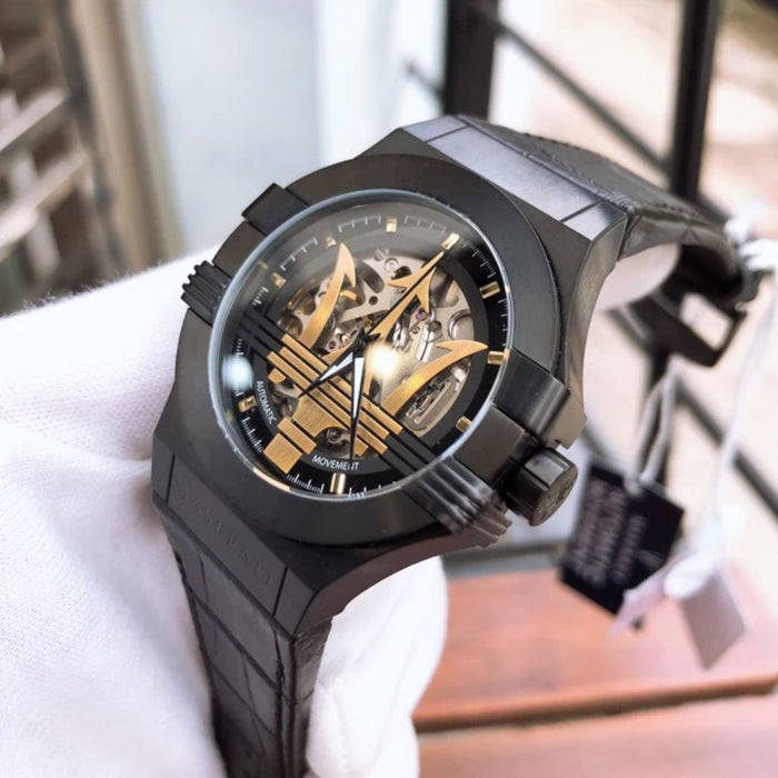 Maserati Men's Black Skeleton Automatic Watch with Gold Trident - R8821108027 - Authentic