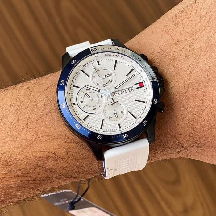 Tommy Hilfiger Mason Chronograph Watch – White Dial with Blue Tachymeter Bezel - 1791723 - Authentic