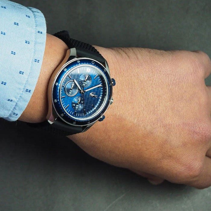 Lacoste Black Silicone Blue Dial Chronograph strap Men's Watch 2011252 - Authentic