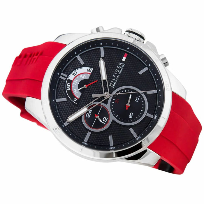Tommy Hilfiger Men's Sport Chronograph Black Dial with Red Silicone Strap - 1791351 - Authentic