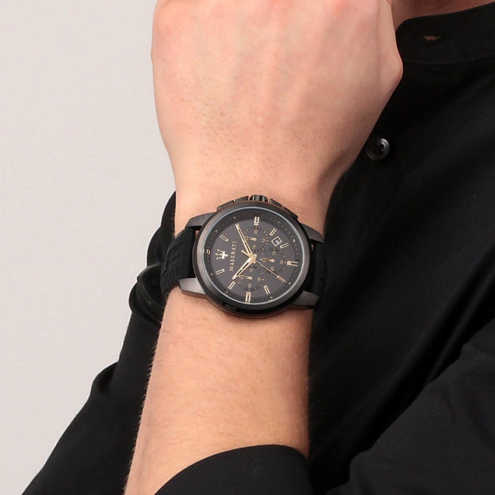 Maserati Men's Black Chronograph Watch with Gold Accents and Rubber Strap - R88711621011 - Authentic