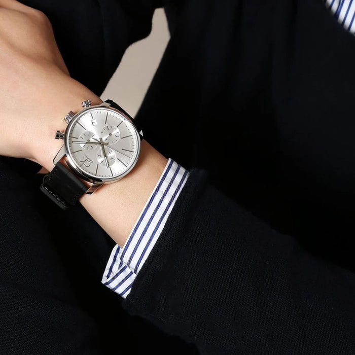 Calvin Klein City Chronograph – Silver Dial & Black Leather Strap - K2g271c6 - Authentic