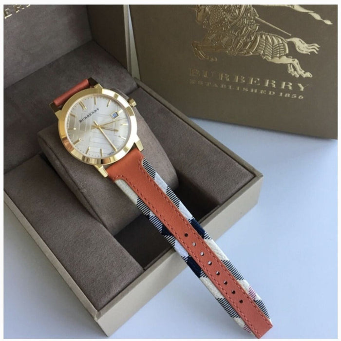 Burberry Gold Case Watch with Orange Leather Check Strap BU9016 - Authentic