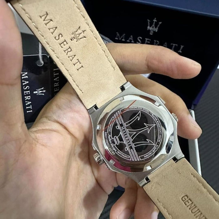 Maserati Men's Silver Skeleton Automatic Watch with Black Leather Strap - R8821108001 - Authentic