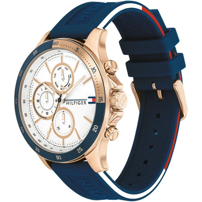 Tommy Hilfiger Mason Chronograph Watch – Rose Gold Case & Blue Rubber Strap - 1791778 - Authentic