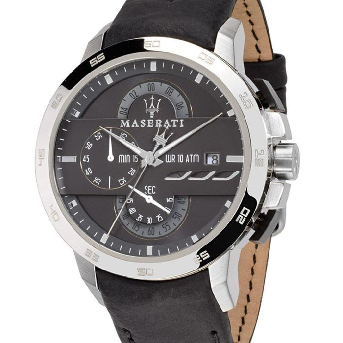 Maserati Men's Chronograph Watch with Black Dial and Leather Strap - R8871619004 - Authentic