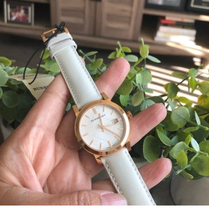 Burberry Rose Gold Watch with White Leather Strap - Authentic Bu9108