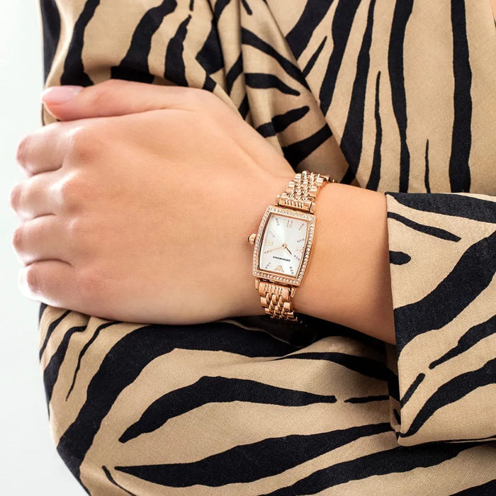 Emporio Armani Gianni T Bar Quartz Crystals White Dial Rose Gold Steel Strap Watch For Women AR11406 - Authentic
