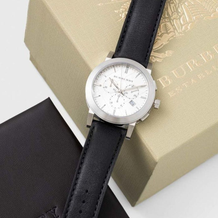 Burberry Silver Chronograph Watch with Black Leather Strap - Authentic